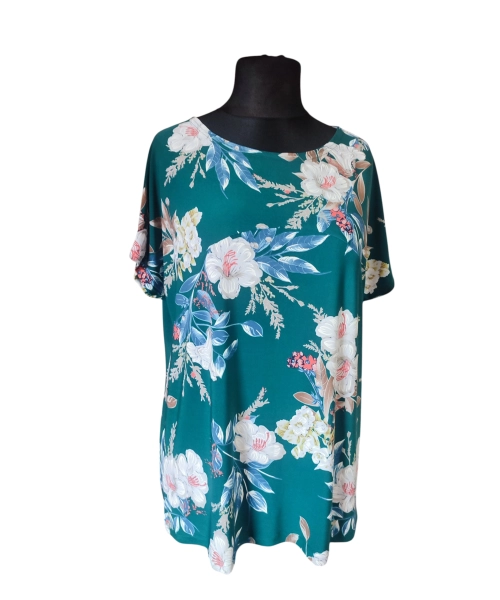 Szmaragdowa bluzka z krótkim rękawem kimono - białe kwiaty